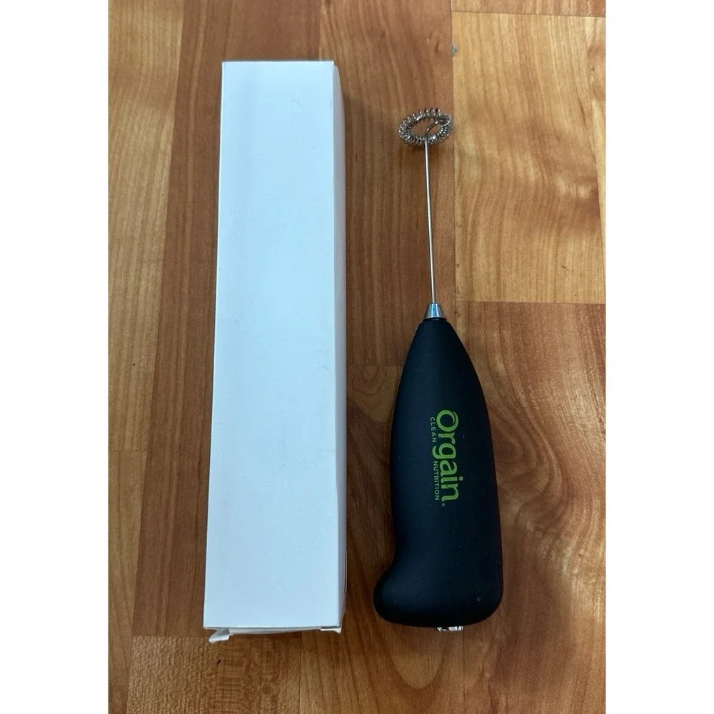 Orgain branded handheld electric mixer‎ designed for mixing drinks